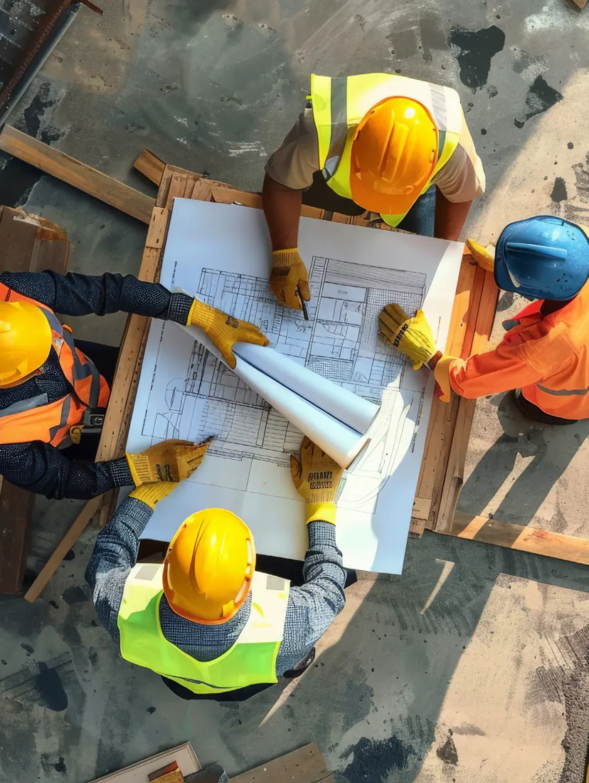 Engineers reviewing plans together on site